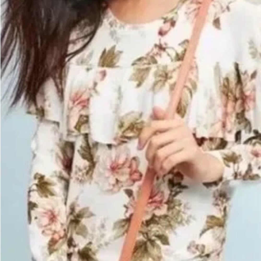 Anthropologie Floral Ruffle Blouse - Cream and Green